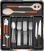 Homecor Silverware Organizer Expandable Kitchen Drawer Organizer with 7 Slots, BPA Free Cutlery Utensil Drawer Organizer, Kitchen Utensil Storage Tray for Forks Knives Spoons, Anti-Slip, Black