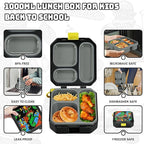 Itslife Bento Lunch Box Set for Kids with 12oz Soup Thermo&Lunch Bag, Leak-Proof Lunch Food Containers for Kids School, 5 Compartment, Sauce Cup, 10 Notes (Dinosaurs Black)