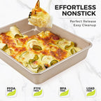 HONGBAKE Deep Baking Pans Set of 3, Nonstick Rectangle Sheet Cake Pans, 13/11/9 Inch Metal Oven Tray for Cooking Lasagna Brownie, Stackable Multi-Depth Bakeware, Golden