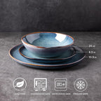 AmorArc Ceramic Dinnerware Sets,Handmade Reactive Glaze Stoneware Plates and Bowls Set,Highly Scratch Resistant | Dishwasher & Microwave Safe,Service for 4 Dishes Set - Reactive Blue(12pc)