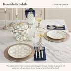 MACKENZIE-CHILDS Supper Club 3-Piece Place Setting, Fork, Spoon, and Knife Dinner Flatware Set, Gray-and-White Sterling Check