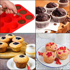 12 Cups Silicone Muffin Pan, Nonstick Cupcake Pan, Heat Resistant Silicone Muffin Tin, Reusable Cupcake Moulds Baking Pan for Cakes, Bread (Red-2 Packs)