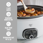 GreenLife 8QT Slow Cooker, Non-Toxic PFAS-Free Ceramic Nonstick Removable Interior Bowl, Programmable, Family Friendly, Keep Warm, Stovetop & Oven Safe, Dishwasher Safe Parts, Timer, Glass Lid, White