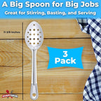 Super Strong, Ergonomic 11 in Serving Spoon 3 Pk. Big, Perforated Stainless Steel Spoons for Cooking, Baking and Basting. Best Kitchen Flatware for Buffet and Banquet Service in Restaurants and Homes