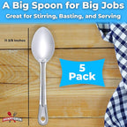 Super Strong, Ergonomic 11 in Serving Spoon 5 Pk. Big, Solid Stainless Steel Spoons for Cooking, Baking and Basting. Best Kitchen Flatware for Buffet and Banquet Service in Restaurants and Homes