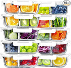 VERONES 10 Pack Glass Meal Prep Containers 2 Compartment Set, 30 OZ Airtight Glass Lunch Containers, Food Storage Containers with Lids, for Microwave, Oven, Freezer & Dishwasher Friendly，White
