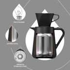 Ideus Insulated Pour Over Coffee Maker Set 20oz, Stainless Steel Coffee Pot Pour Over Set Camp Coffee Carafe BPA-Free with Dripper and Tea Infuser for Home, Office & Camping (Black)