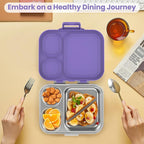Stainless Steel Bento Lunch Box for Kids | 3-Compartment Lunch Box Container Kids | 100% Leakproof, Eco-Friendly, Perfect Portion Control for Kids&Adult Healthy Meals (Purple)