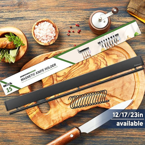 23 inch magnetic knife holder with 15 hooks, No Drilling black knife magnetic strip and utensil hanger for wall, Powerful knife magnet rack include tape and screws