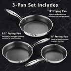 Non Stick Frying Pans Set, 8" 9.5" 11" Stainless Steel Pan Set, Ceramic Skillet with Stay-Cool Handle, Non Toxic, PFAS PFOA PTFE Free, Dishwasher Safe, Induction, Suitable with All Cooktops
