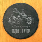 Coast in Style: Rustic Slate Coasters with Motorcycle Design - Round Slate - Set of 6