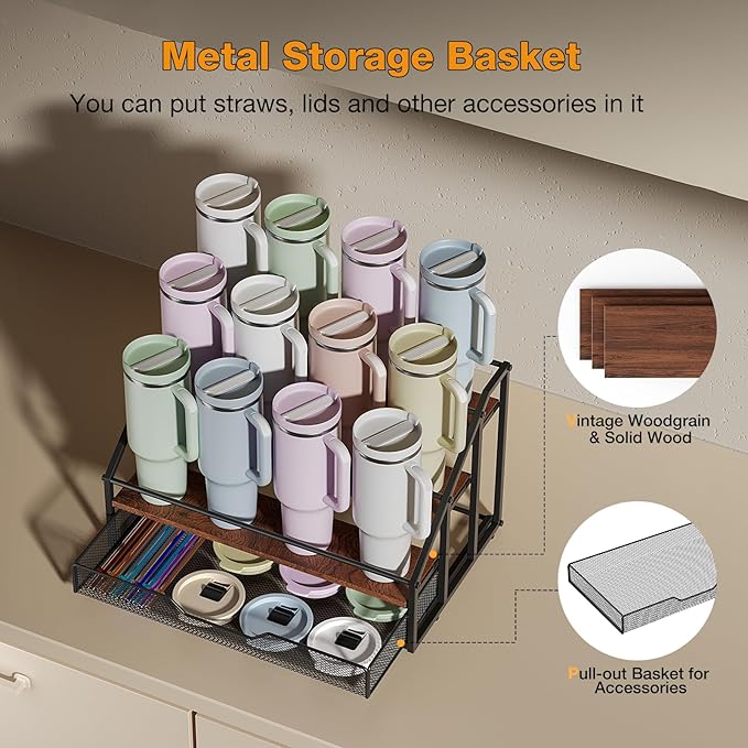 MOJOHAND Water Bottle Organizer for Stanley, 4-Tier 12 Bottles Rack with Storage Basket for Cup Accessories, Large Tumbler Holder Stand, Water Bottle Holder Wine Rack