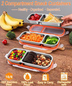 3 Pack Stainless Steel Snack Containers for Kids & Adults - Leek Proof Metal Bento Lunch Box with 2 Compartment - Lunchable Containers for Daycare, School, Work, Travel - Stackable Snack Bento Box