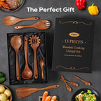 13 Pcs Wooden Cooking Utensil Set with Gift Box – Natural Wooden Spoons for Cooking & Serving, Nonstick Friendly, Perfect Housewarming & Holiday Gift