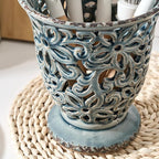 Utensil Holder for Kitchen Counter, Modern Farmhouse Cooking Utensil Holder and Crock Home Kitchen Decor, Ceramic Utensil Organizer for Spatula, Ladle, Eggbeater, Rolling Pin- Grayish Blue, Crackled