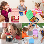 Bento Lunch Box for Kids with 8oz Soup Thermo,Kids Leakproof Lunch Food Containers with 4 Compartment,Kid Insulated Thermo Hot Food Jar for School,Trvael-Black