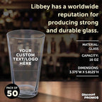 Custom Libbey Pint Glass 16 oz. Set of 50, Personalized Bulk Pack - Beer Glasses, Heavy Duty Drinkware - Clear