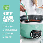 GreenLife 8QT Slow Cooker, Non-Toxic PFAS-Free Ceramic Nonstick Removable Interior Bowl, Programmable, Family Friendly, Keep Warm, Stovetop & Oven Safe, Dishwasher Safe Parts, Glass Lid, Turquoise