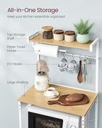 VASAGLE Kitchen Bakers Rack with Power Outlet, Coffee Bar 4-Tier with 8 S Hooks, Microwave Stand, Adjustable Shelf, for Small Spaces, Golden Oak and Cloud White UKKS014Y01V1