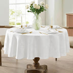 Newbridge Barcelona Luxury Damask Fabric Tablecloth, 70” Round, White, 100% Polyester, No Iron, Soil Resistant Dining Room, Party and Banquet Table Cover