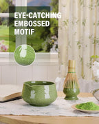 ZENS Matcha Whisk Set, 17oz Ceramic Matcha Set Includes Matcha Bowl and Matcha Cup, Bamboo Whisk & Chasen Holder, Sifter, Scoop & Tea Towel, 7pcs Matcha Kit for Matcha Latte, Emerald Green