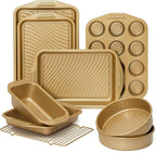 HONGBAKE 9-Piece Baking Pans Set with Wave Texture, 0.8mm Thick Bakeware Sets Non Stick, Includes Stackable Cookie Sheets for Oven Cooking, Cake Pan, Muffin Pan, Loaf Pan, Roasting Pan, Rack, Gold