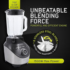 Universal 1500 Peak Watt Turbo Elite Max Blender, 71oz - 9-cup / 2.1 Liter Glass Pitcher, 3 Speed Settings with Powerful 6 Stainless Steel Blades, Premium Blender for Smoothies, Domestic Use