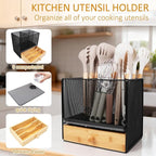 Kitchen Utensil Holder, 2-In-1 Large Utensil Holder Counter & Drawer Silverware Organizer Kitchen Countertop, 6 Compartment Caddy for Cooking and Flatware, With Quick Dry Diatomite Pad