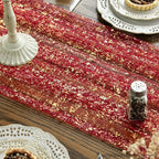 Artoid Mode 3PCS Red Gold Gauze Table Runner 120 Inch 10FT, Glitter Metallic Foil Sheer Dining Wedding Anniversary Holiday Table Decor for Home Party