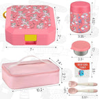 Itslife Bento Lunch Box Set for Kids with 12oz Soup Thermo&Lunch Bag, Leak-Proof Lunch Food Containers for Kids School, 5 Compartment, Sauce Cup, 10 Notes (Unicorn Pink)