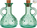 Bormioli Rocco Set Of 2 Country Home Olivia Oil Bottle, 7-ounce Cruet With All Natural Cork Lid, Blue-green Tinted Star Glass, Elegant And Floral Design, Made In Italy.