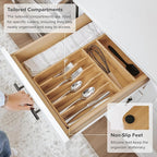 KitchenEdge Silverware Organizer - Cutlery, Flatware, and Utensil Holder for Kitchen Drawers, Fixed 10.5” Width, 7 Storage Compartments, Non-Slip Feet, Rounded Corners, 100% Bamboo