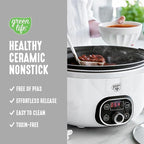 GreenLife 8QT Slow Cooker, Non-Toxic PFAS-Free Ceramic Nonstick Removable Interior Bowl, Programmable, Family Friendly, Keep Warm, Stovetop & Oven Safe, Dishwasher Safe Parts, Timer, Glass Lid, White