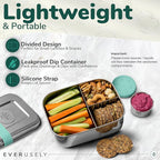 Everusely - Bento Box - Green, 27oz / 0.8 L - Stainless Steel Lunch Box with Leakproof Condiment Container - 3 Compartment Snack Organizer for On the Go Meals - Freezer & Dishwasher Safe