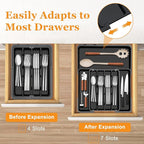 Homecor Silverware Organizer Expandable Kitchen Drawer Organizer with 7 Slots, BPA Free Cutlery Utensil Drawer Organizer, Kitchen Utensil Storage Tray for Forks Knives Spoons, Anti-Slip, Black