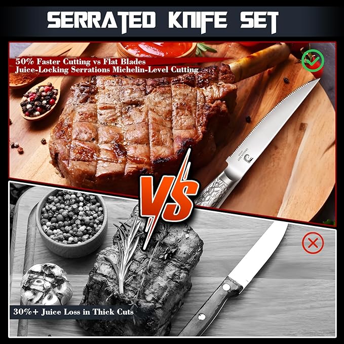 DRAGON RIOT Steak Knives Set of 8 Serrated Edge Steak Knife Set Japanese Stainless Steel Dinner Knife Diswasher Safe