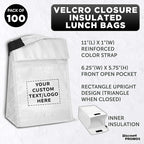 DISCOUNT PROMOS 100 Hook and Loop Insulated Lunch Bags Set - Customizable Text, Logo - Polyester, Durable, Vibrant, Reusable - White