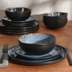 Gibson Elite Nardini 12 Piece (Service for 4) Plates and Bowls Reactive Glaze Dishes Stoneware Ceramic Dinnerware Set - Black and Blue
