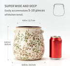 Utensil Holder for Kitchen Counter, Modern Farmhouse Rustic Cooking Utensil Holder and Crock, Exquisite Chinoiserie Floral Ceramic Utensil Organizer for Home Kitchen Decor- Green and Beige