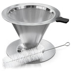 Stainless Steel Pour Over Coffee Maker With Cleaning Brush & Non-Slip Silicone Handle - 2 Cups Capacity Stainless Steel Coffee Pour Over Dripper With Secure Wide Base, Clean Flavor Paperless