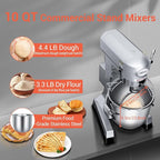 10 QT Dough Mixer, Food Commercial Industrial Grade Stand Mixer with Stainless Steel Bowl and 3 Types of Mixing Tools, Built for Professional Baking: Effortlessly Handles Large Recipes
