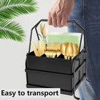Silverware Caddy Utensil Organizer With Handle, Outdoor Picnic and Camping Utensil Holder, Flatware Holder for Party Gatherings, Metal - Black