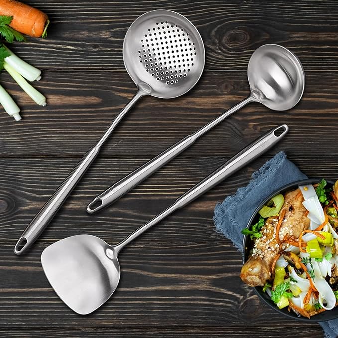 FJNATINH 4-Pieces 304 Stainless Steel Wok Spatula Set,Cooking Utensil Set,Soup Ladle Colander,Nonstick Kitchen Cooking Utensils Set with Spatula,Kitchenware Tools