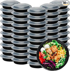 Klex 24 Oz, 50 Sets Meal Prep Containers with Airtight Lids, BPA Free, Reusable Plastic Food Container, 24 oz, Round, Black/Clear, 50 Sets