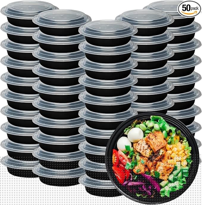 Klex 48 Oz, 50 Sets Meal Prep Containers with Airtight Lids, BPA Free, Reusable Plastic Food Container, 48 oz, Round, Black/Clear, 50 Sets