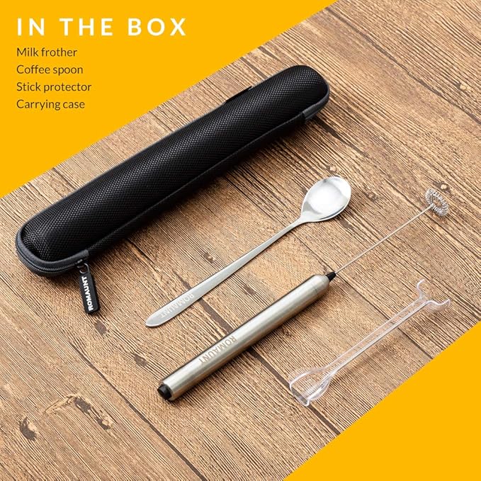 ROMAUNT Handheld Milk Frother Electric Battery Operated Portable Milk Foamer for Coffee Latte 304 Stainless Steel Whisk with Protective Case, Mix Spoon for Traveling or Camping