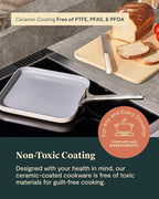 Caraway Square Griddle Pan - 11” Square Pan - Non-Stick Ceramic Coated - Non Toxic, PTFE & PFOA Free - Oven Safe & Compatible with All Stovetops - White