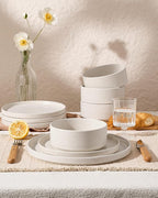 Famiware Nebula Plates and Bowls Sets, 12 Pieces Stoneware Dinnerware Sets, Reactive Glaze Dish Set, Dishes Set for 4, Matte Beige White