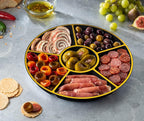 Plasticpro 6 Sectional Round Plastic Serving Tray/Platters Black & Gold Pack of 4