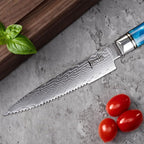 SENKEN Damascus Steak Knife Set - Tsunami Collection - 67-Layer Japanese VG10 Steel - Razor Sharp Non-Serrated Blades, Blue Resin & Natural Wood Pattern Handles, Luxury Gift Box (6 Steak Knife Set)